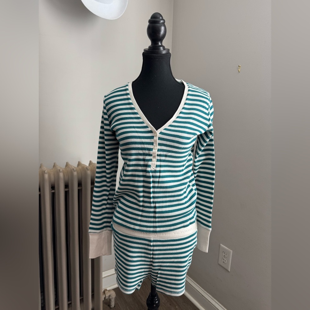 Victoria's Secret Teal and White Striped Pajama Set